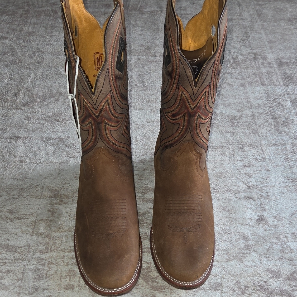 Men's Brown Work  Boots with Decorative Stitching